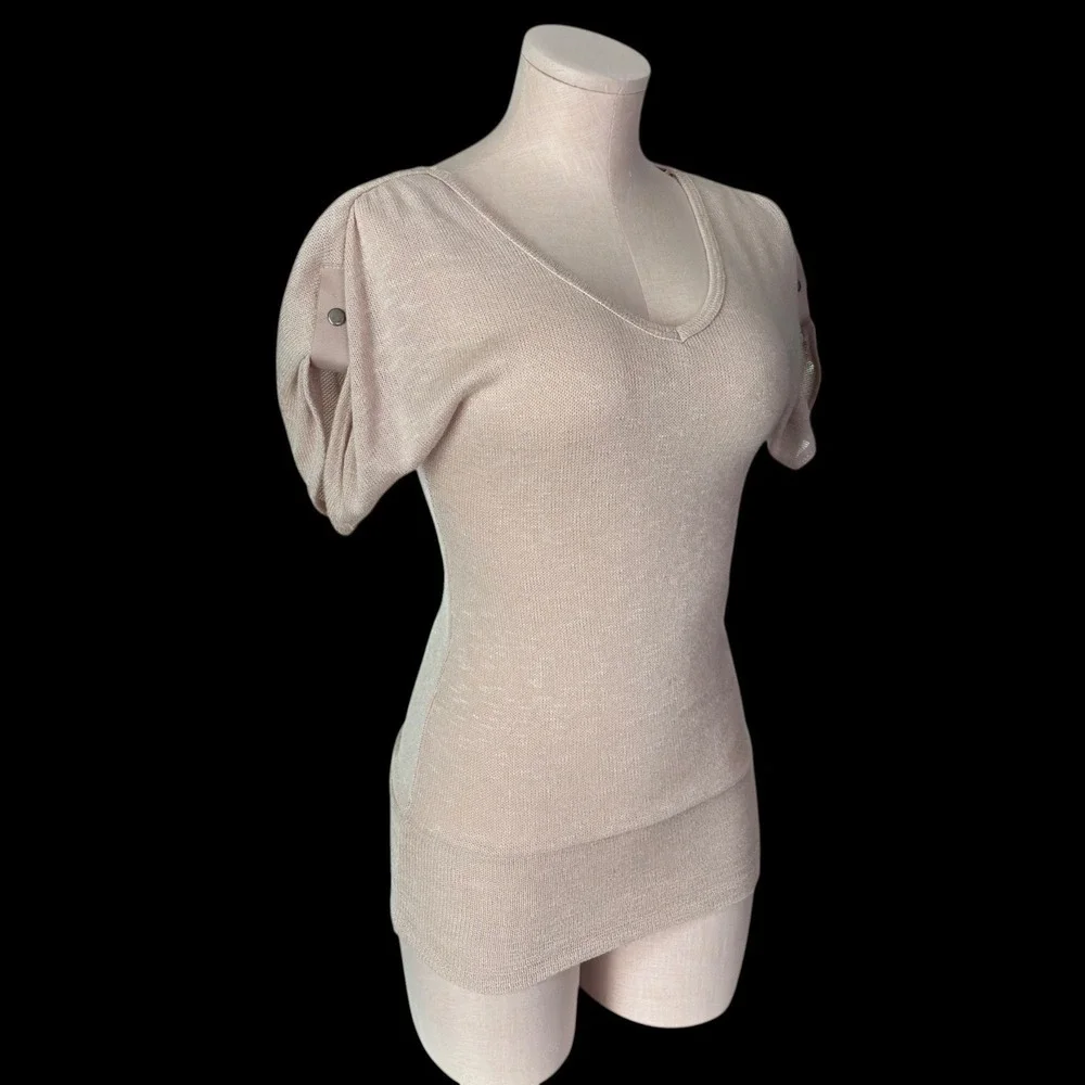 90s DEB Beige Knit Top S Longline Fitted Sweater USA‎ Side Gathered V Neck
